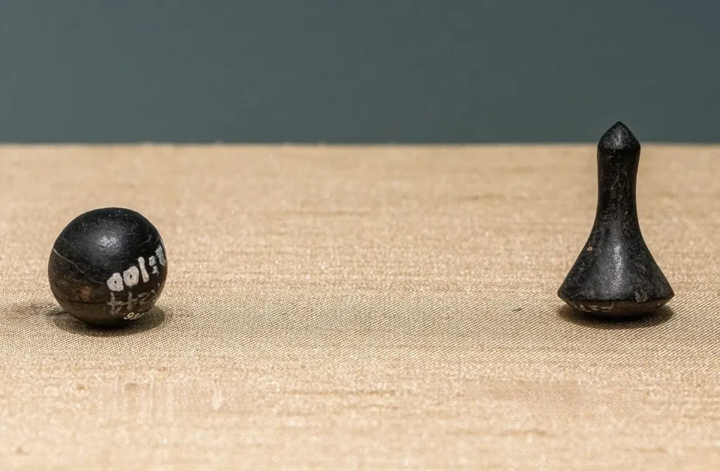 Two 7,000-year-old black jet artifacts: a small sphere and a bell-shaped object on a tan surface.