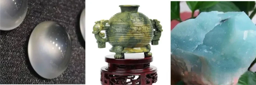 Comparison of Bingying quartzite jade, an ornate Panlong jade vessel, and a raw Guicui stone.