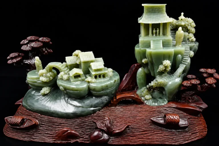 Intricate Chinese nephrite landscape carving of mountain scenery in green Xianghua jade