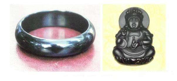 Polished black Dahua nephrite bangle and a detailed Guanyin deity carving with a silky matte finish.