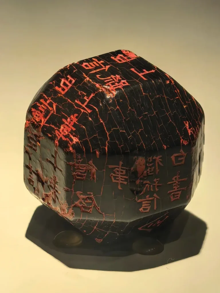 24-faced multifaceted black jet seal with ancient Chinese inscriptions in red.