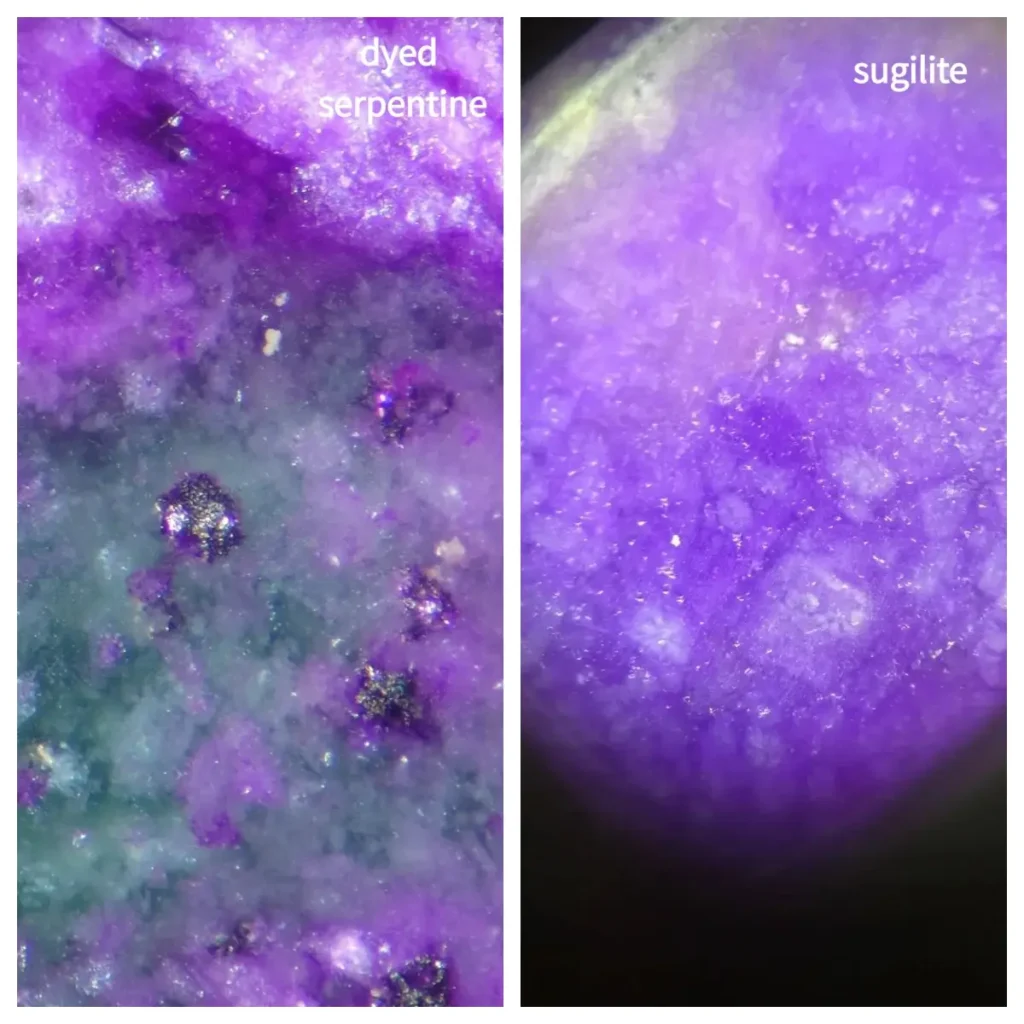Microscopic comparison side by side of artificial dyed serpentine and genuine natural Sugilite stone structure.