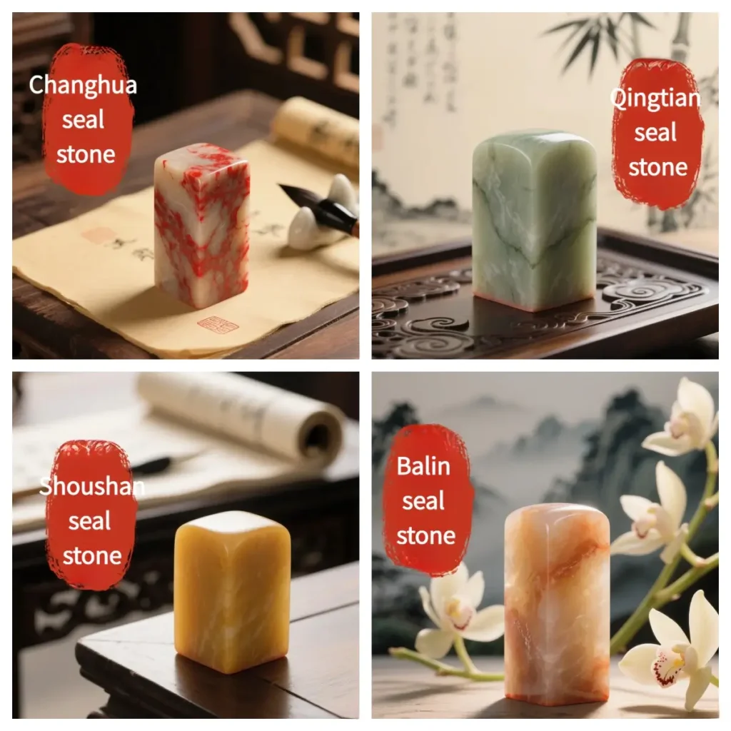 A grid of four images showcasing Changhua, Qingtian, Shoushan, and Balin Chinese seal stones.