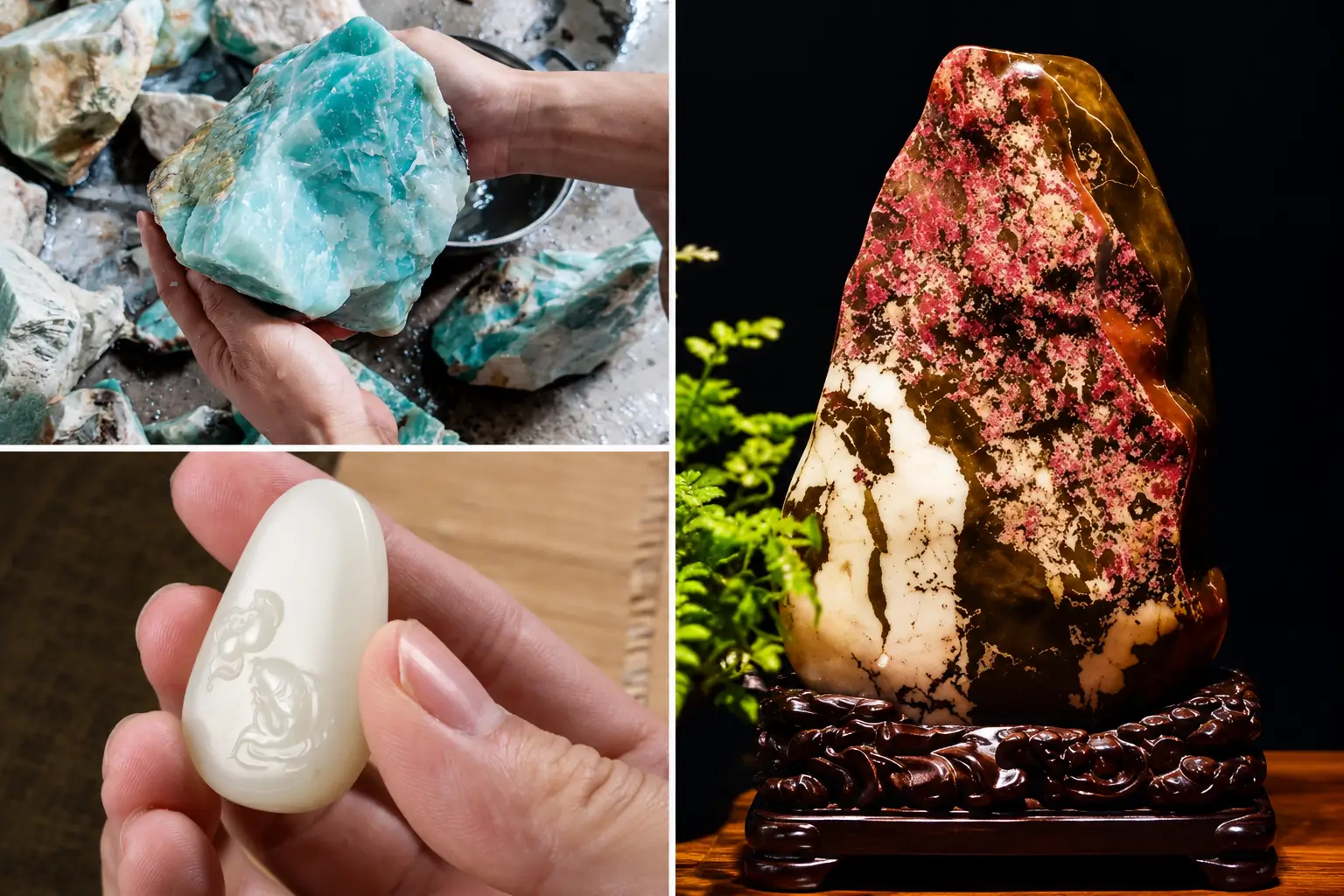A collage showcasing three unique gemstones from Guizhou: raw Guicui, white jade, and a blood stone.