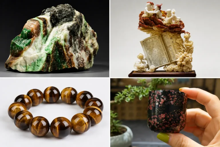 Four-panel collage showing Henan Dushan Jade, Mi Jade, Tiger's Eye, and Plum Blossom Jade.