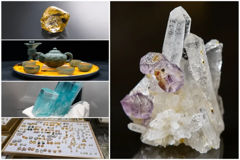 A collage showcasing Hunan diamonds, jade carving, aquamarine, purple fluorite, and pearls.
