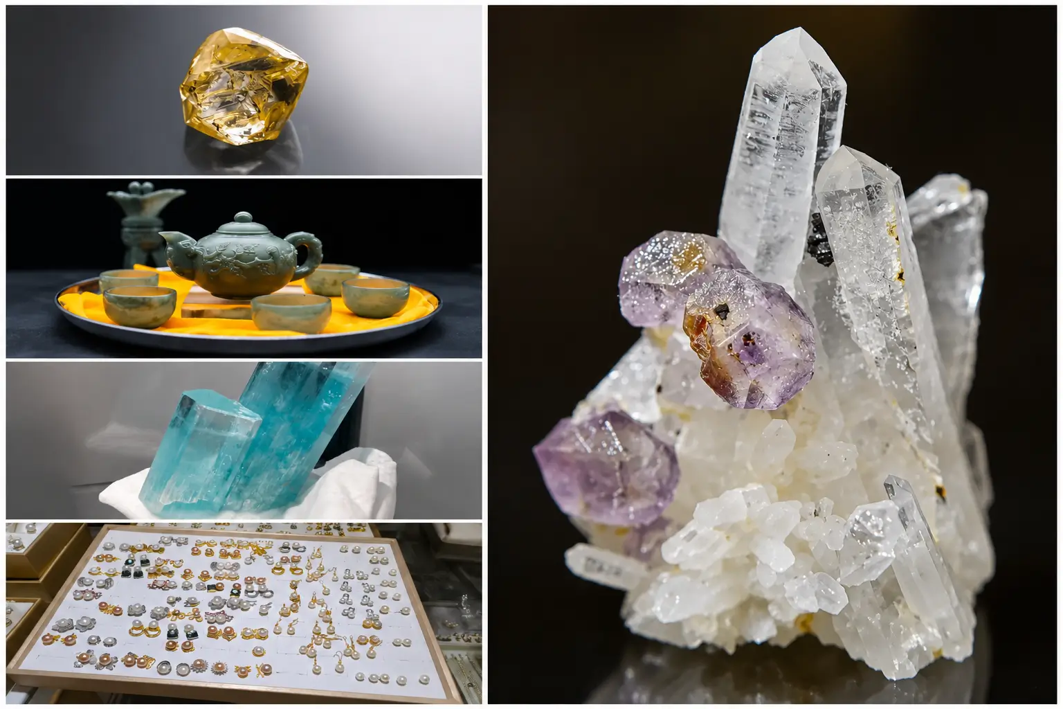 A collage showcasing Hunan diamonds, jade carving, aquamarine, purple fluorite, and pearls.