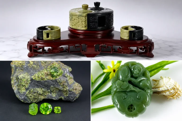 A collage of Jilin peridot gems, Panlong jade vessels, and a green serpentine jade pendant.