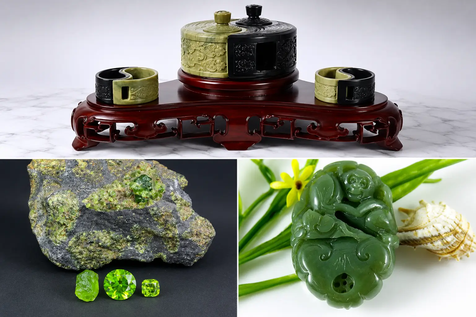 A collage of Jilin peridot gems, Panlong jade vessels, and a green serpentine jade pendant.