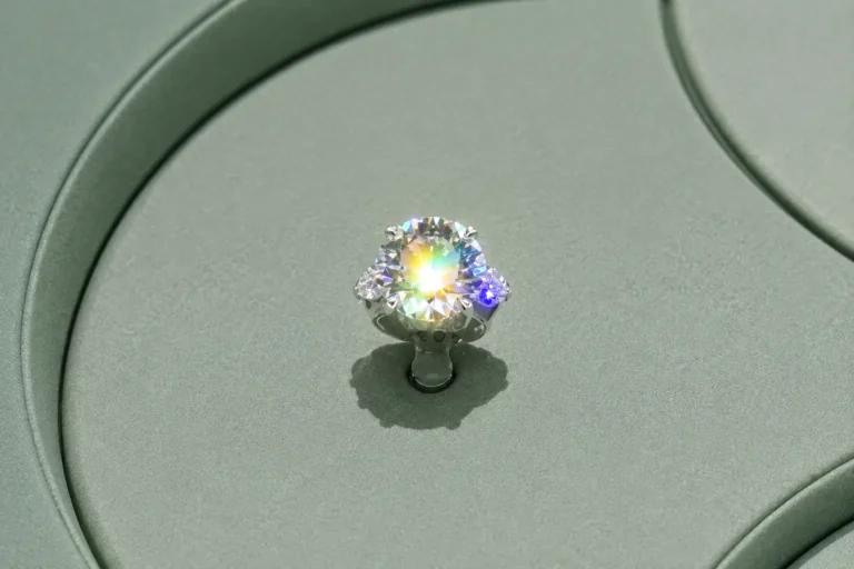 A Graff diamond ring on a green display stand, radiating intense rainbow-colored fire.