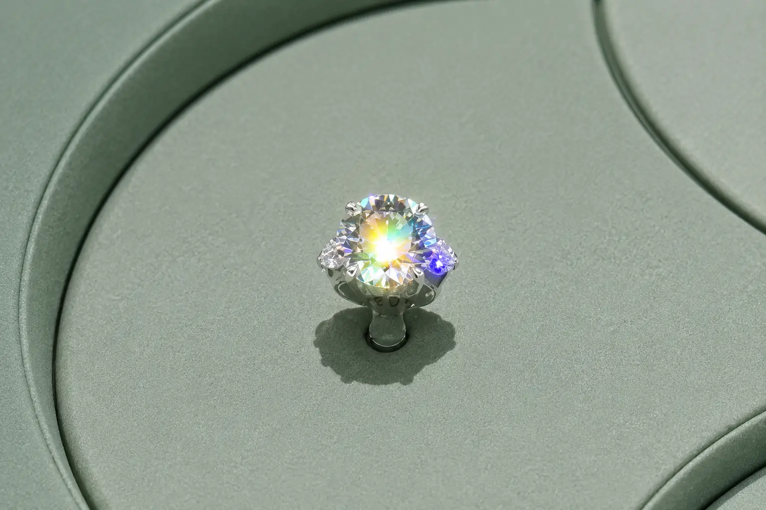 A Graff diamond ring on a green display stand, radiating intense rainbow-colored fire.