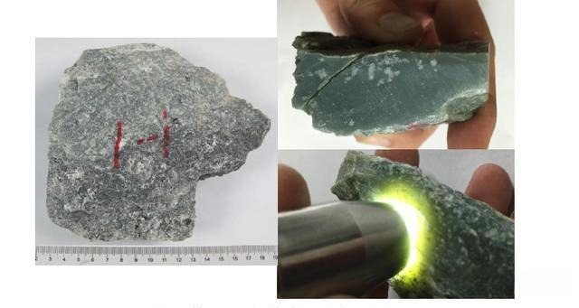 Raw Guangxi nephrite with specimen label, fractured surface, and strong light translucency test.