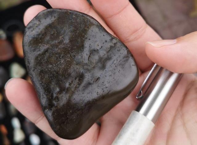 A hand-held raw Dahua seed stone with a weathered dark chocolate-brown skin.