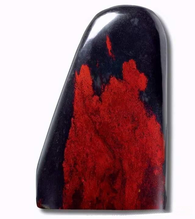 A polished Guangxi Guilin Blood-Red Jasper stone featuring a vibrant crimson pattern on a deep black base.