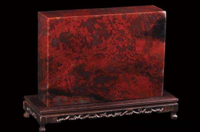 A rectangular slab of Guangxi Guilin Blood-Red Jasper with a dense "Plum Blossom" red-and-black pattern.
