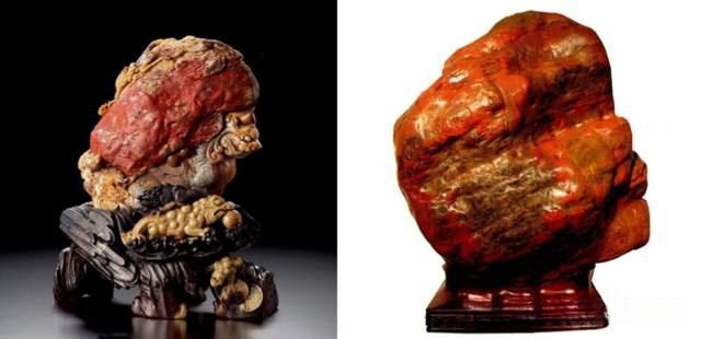 A side-by-side comparison of a carved Changhua bloodstone and a raw Guilin blood-red jasper stone.