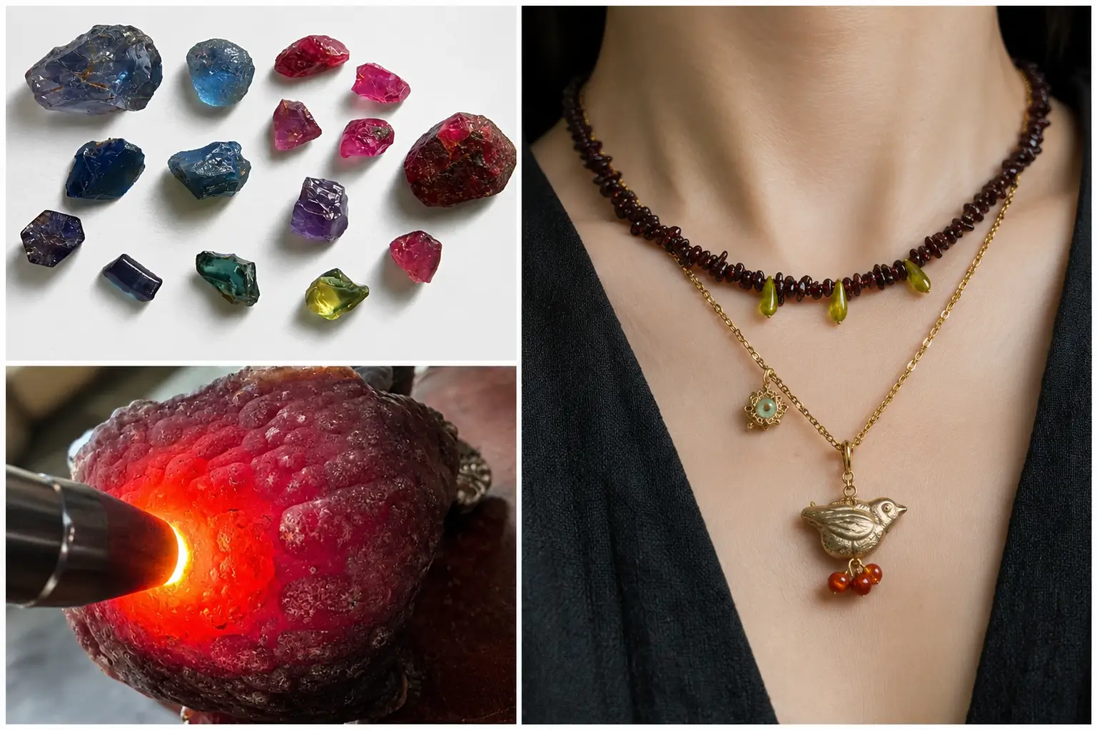 Collage showcasing raw Muling corundum, Xunke red agate, and a layered garnet necklace.