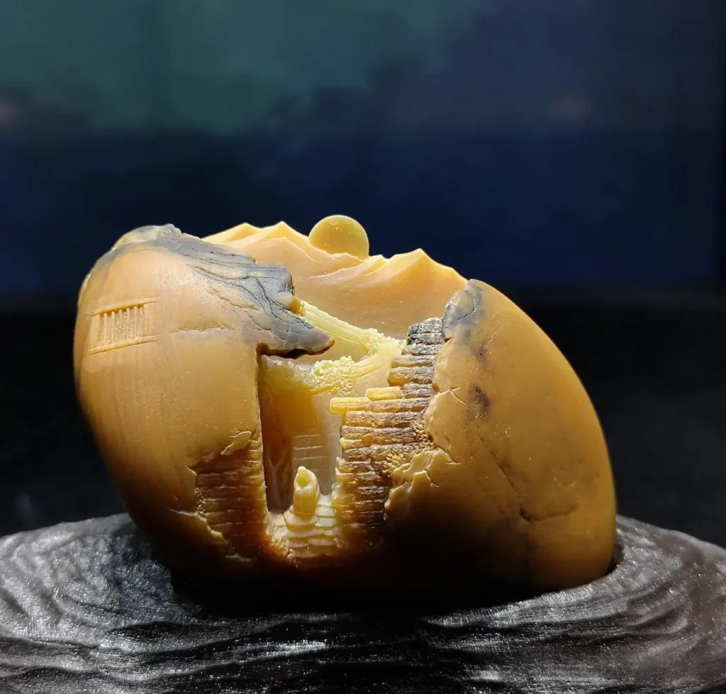A scenic rural village carved from emerging jade carving materials, Huanglong Jade.