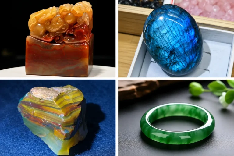 A four-panel collage showcasing Inner Mongolian gems: a carved seal, blue labradorite, layered agate, and a green jade bangle.