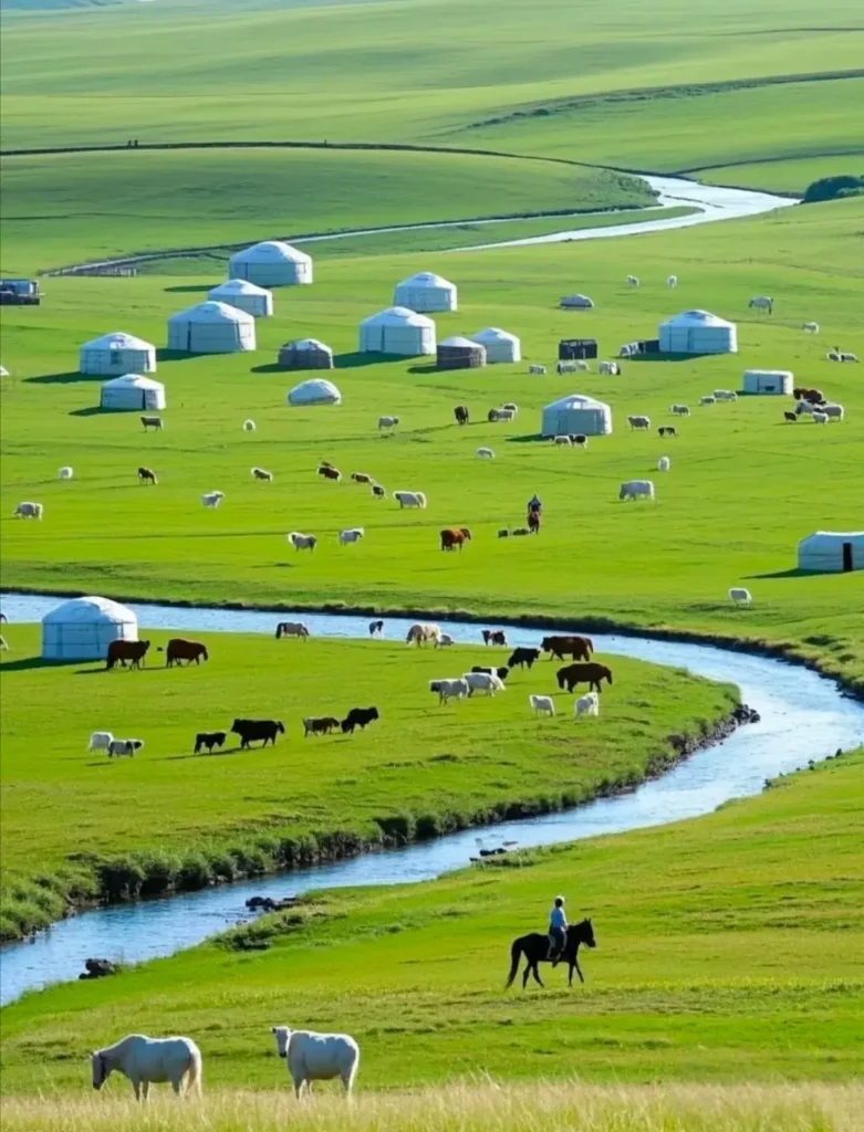 Lush green Inner Mongolian grasslands with a winding river, numerous white yurts, and grazing livestock and a single horse and rider.