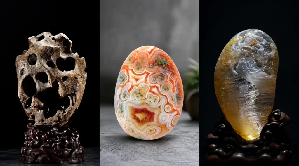 A side-by-side display of a porous Jiangsu Taihu stone, a vibrant Yuhua agate, and a carved crystal statue.
