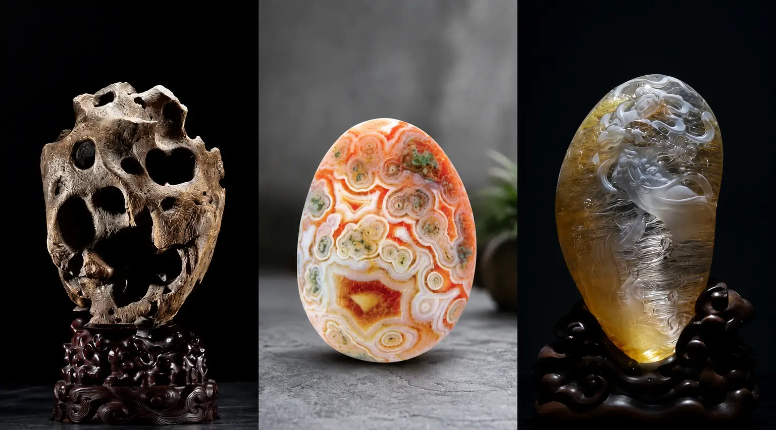 A side-by-side display of a porous Jiangsu Taihu stone, a vibrant Yuhua agate, and a carved crystal statue.