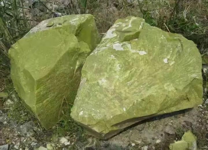 Two yellowish-green Jilin serpentine jade rough stones resting on the ground.