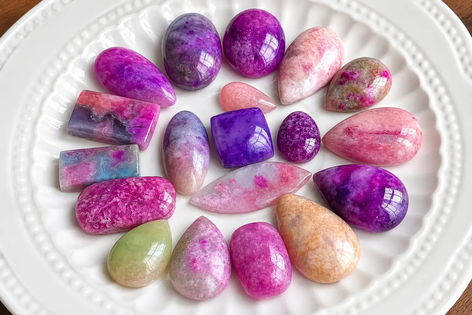 A collection of polished Sugilite gemstone cabochons in purple, pink, lavender, and blue tones on a white plate.