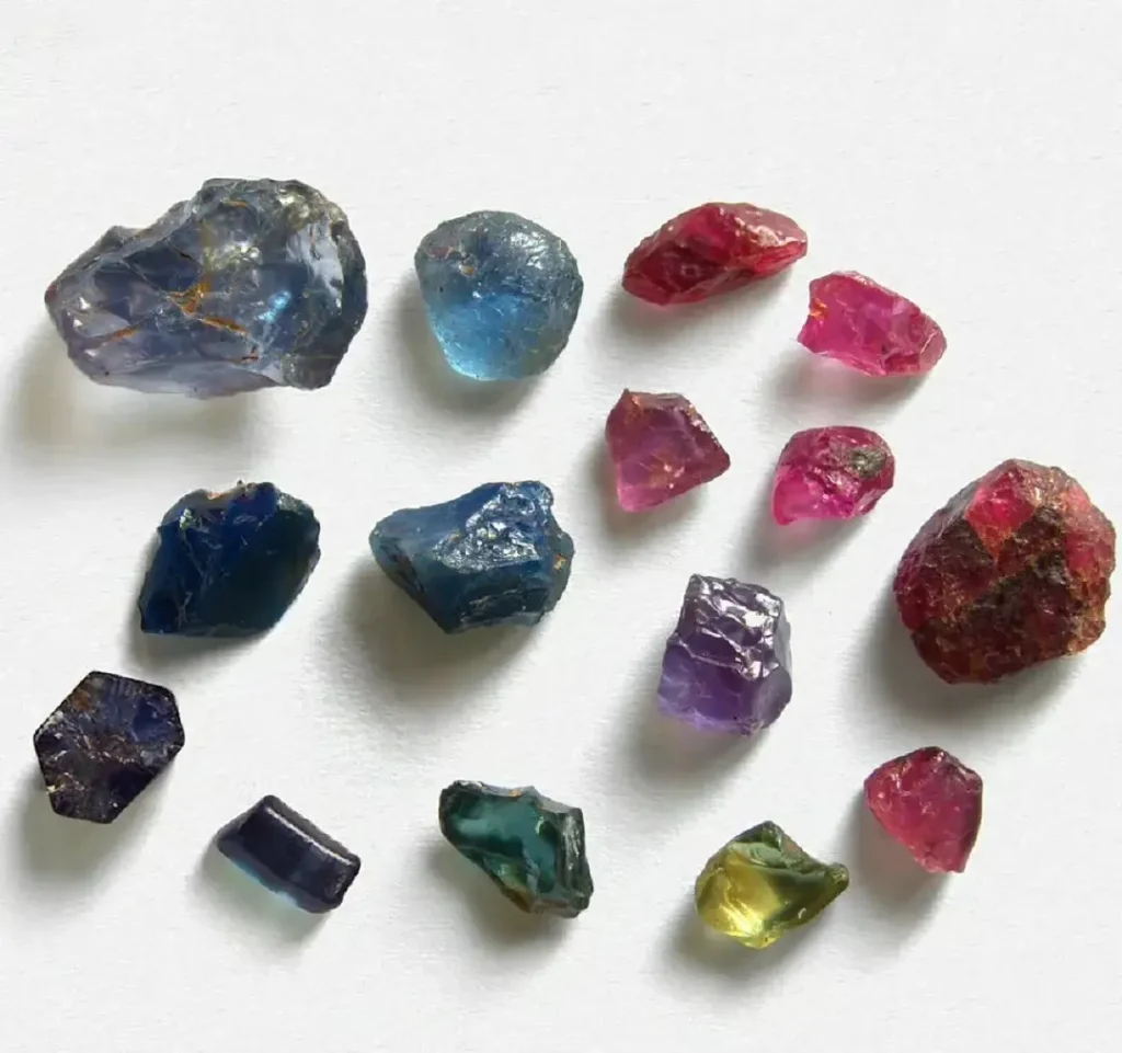 A collection of multicolored, unpolished raw sapphire and ruby crystals from Muling.