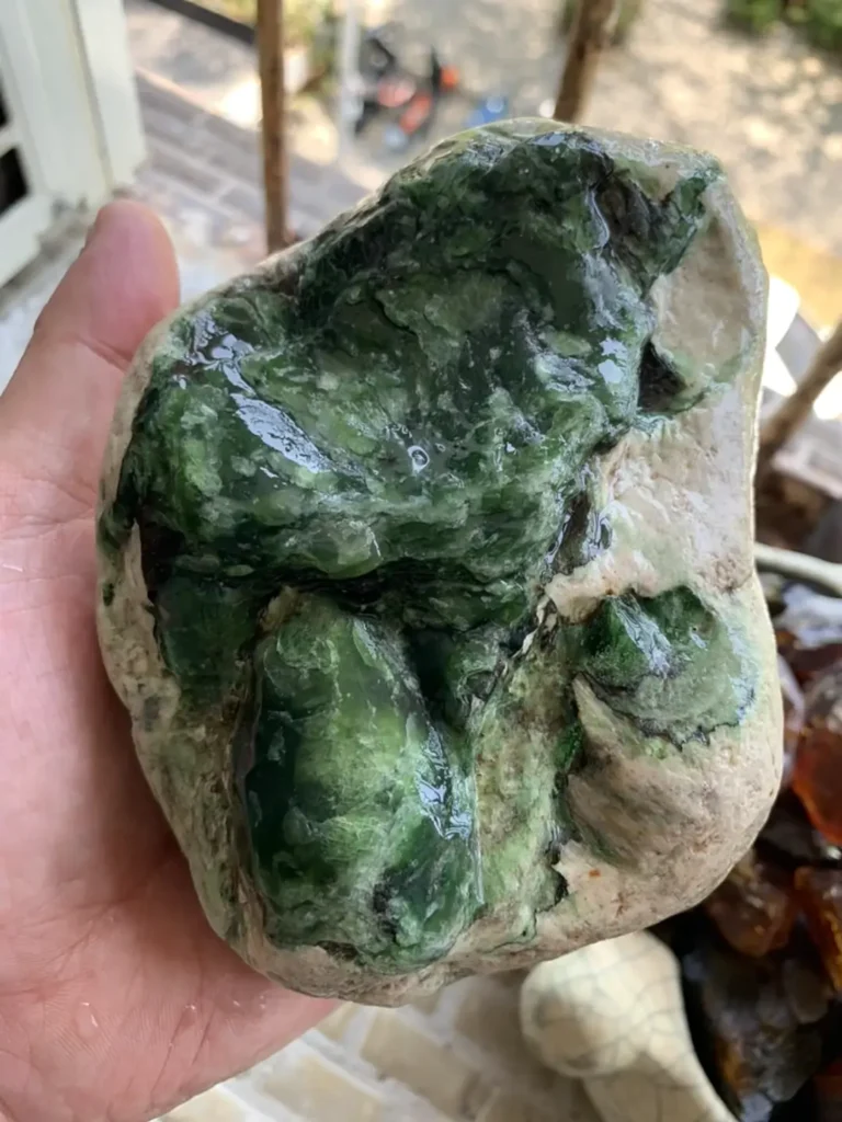 A hand holding a raw Taiwan Nephrite jade specimen with oily green patches on a white crust.