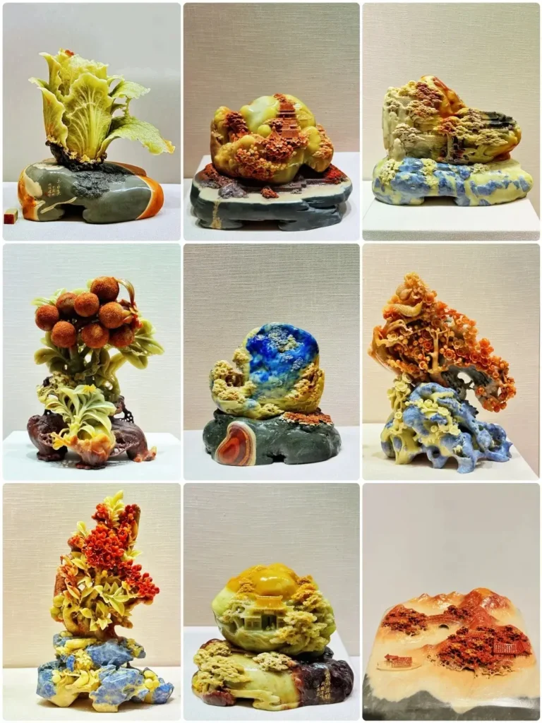 A three-by-three collage displaying nine colorful, intricately carved Qingtian stone sculptures.