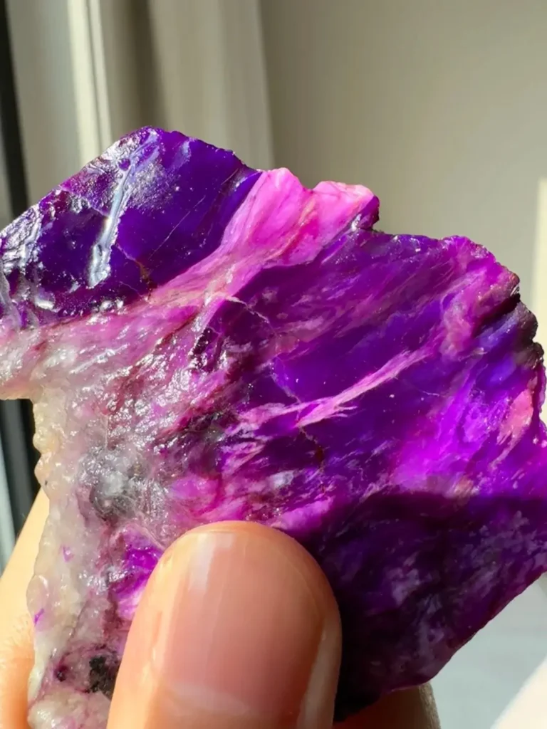 Rough Sugilite stone showing a natural gradient from deep royal purple to bright magenta pink.