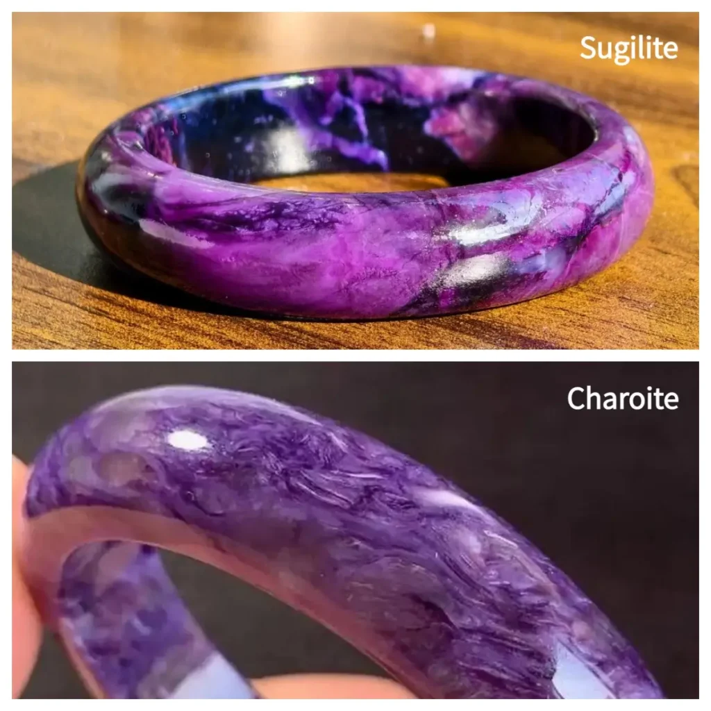 Side-by-side comparison of a mottled purple Sugilite bangle and a swirling, fibrous purple Charoite bangle.