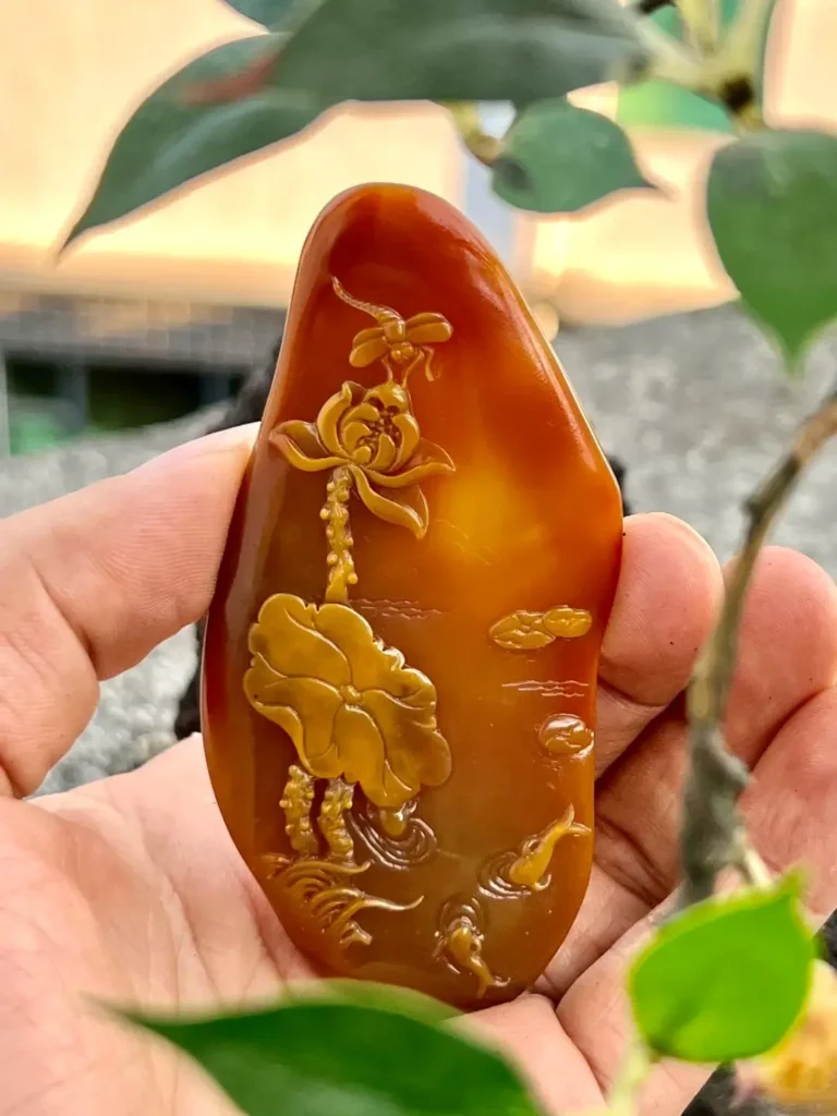 A hand holding an oval Taishan Jade piece carved with a lotus blossom and a dragonfly.