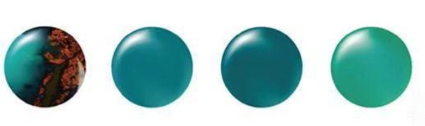 Four polished round cabochons showing different shades of Taiwan Blue Chalcedony from deep teal to green-blue.