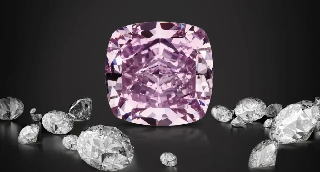 A cushion-cut purple diamond centered among smaller colorless diamonds on a dark background.