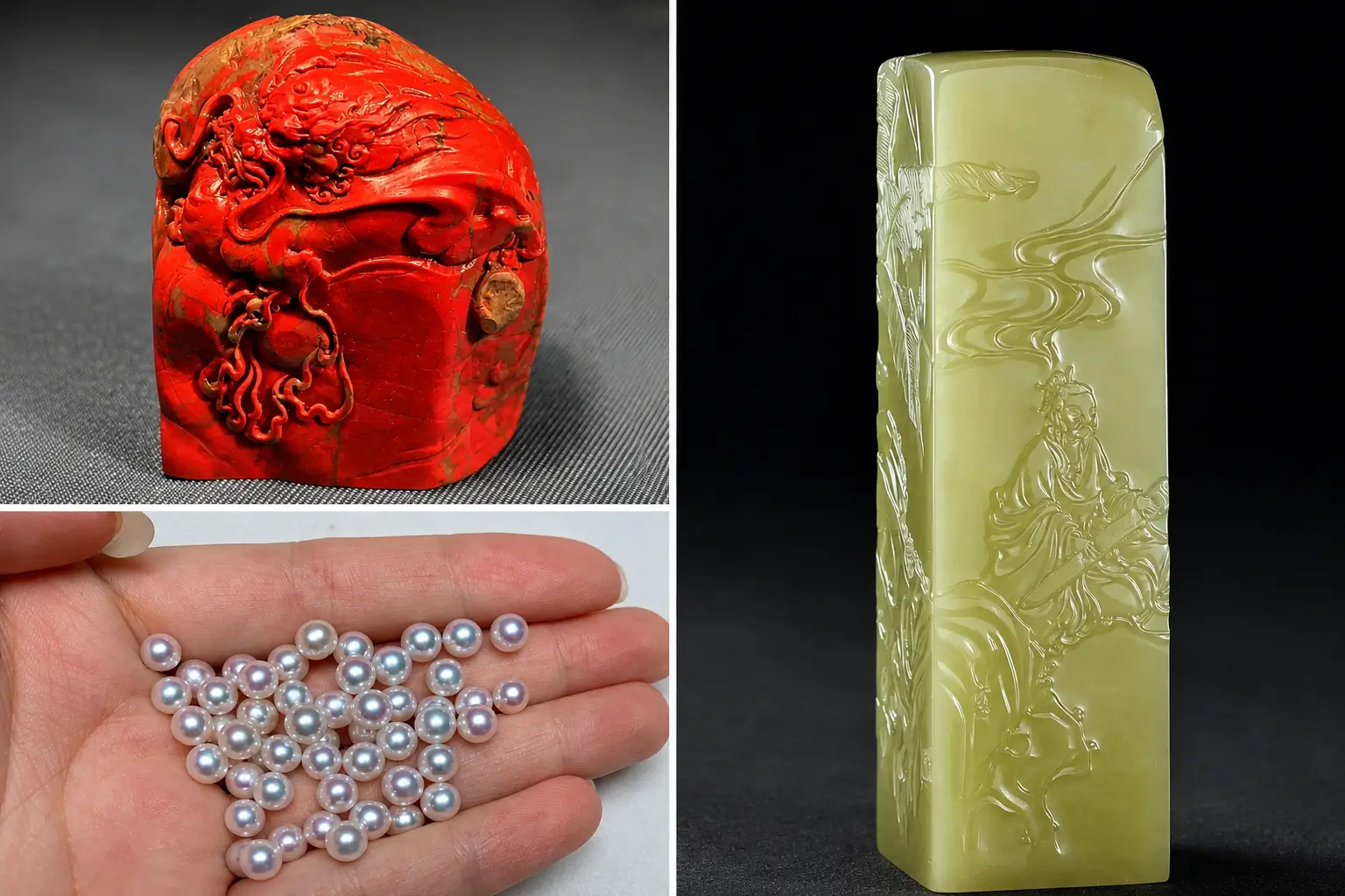 A three-panel Zhejiang gemstone collage showcasing a red chicken-blood stone, a green Qingtian stone, and white pearls.