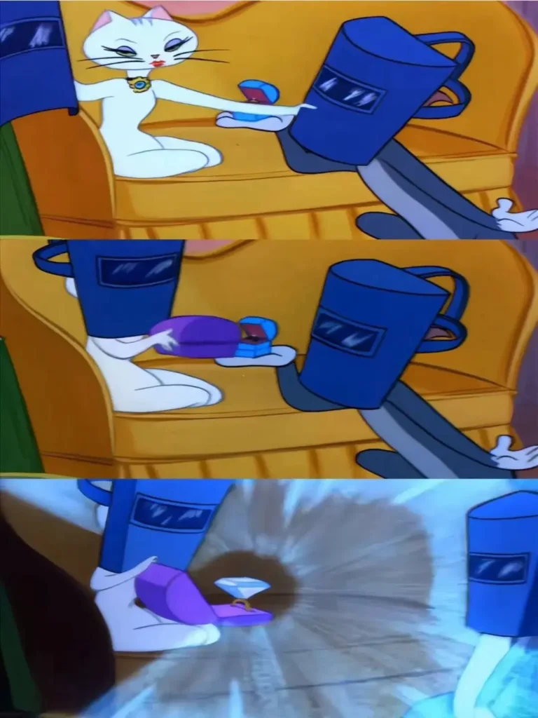 A three-panel comic: Tom proposes with a small ring; the cats wear welding masks; a giant diamond flashes.