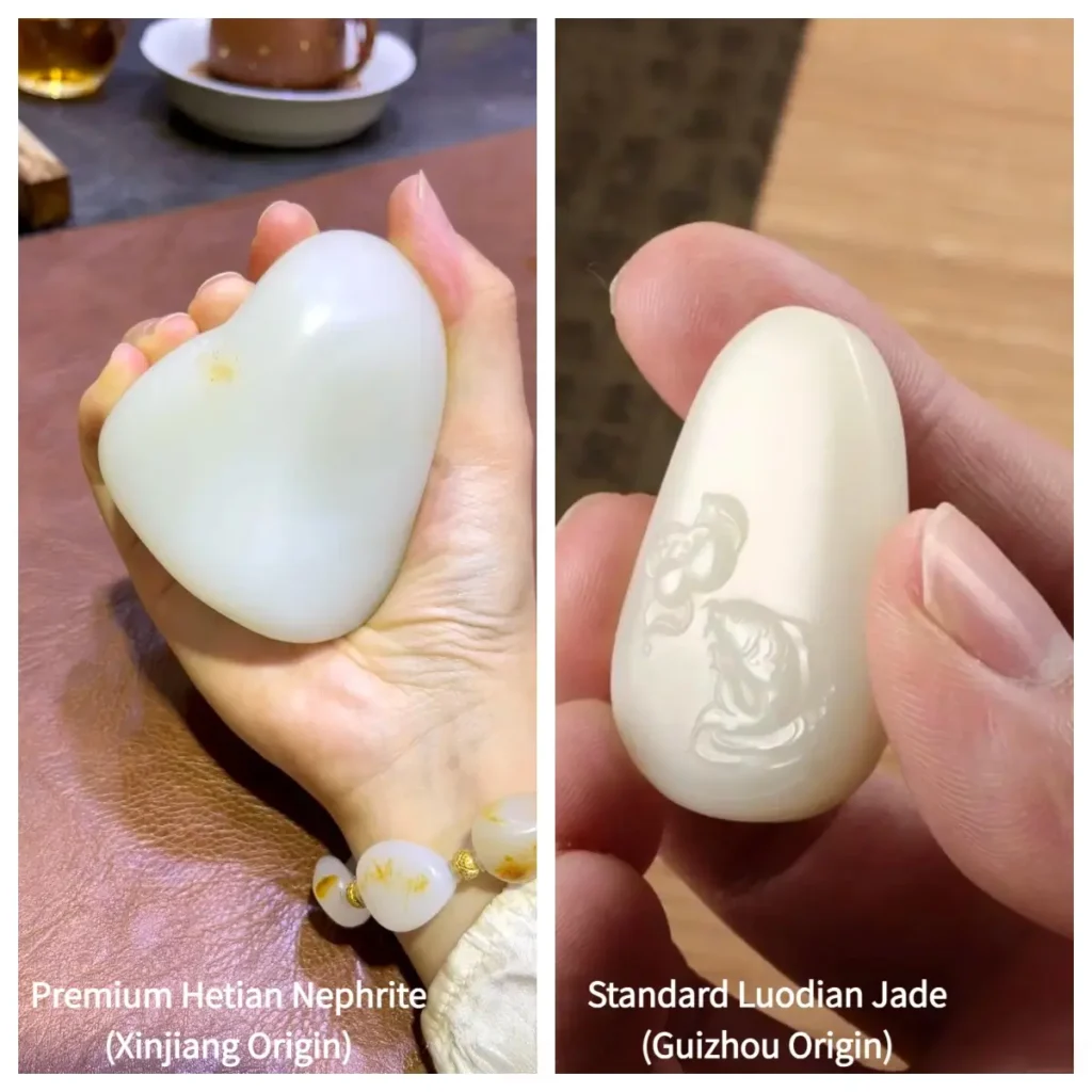 A split image comparing oily Xinjiang white jade with a matte, porcelain-white Luodian jade carving.