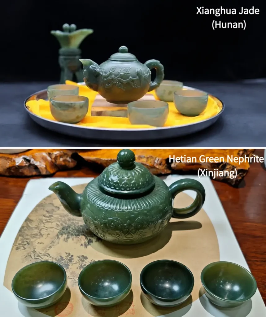Side-by-side view of a green Xianghua jade tea set and a traditional Xinjiang Hetian green nephrite teapot with cups.