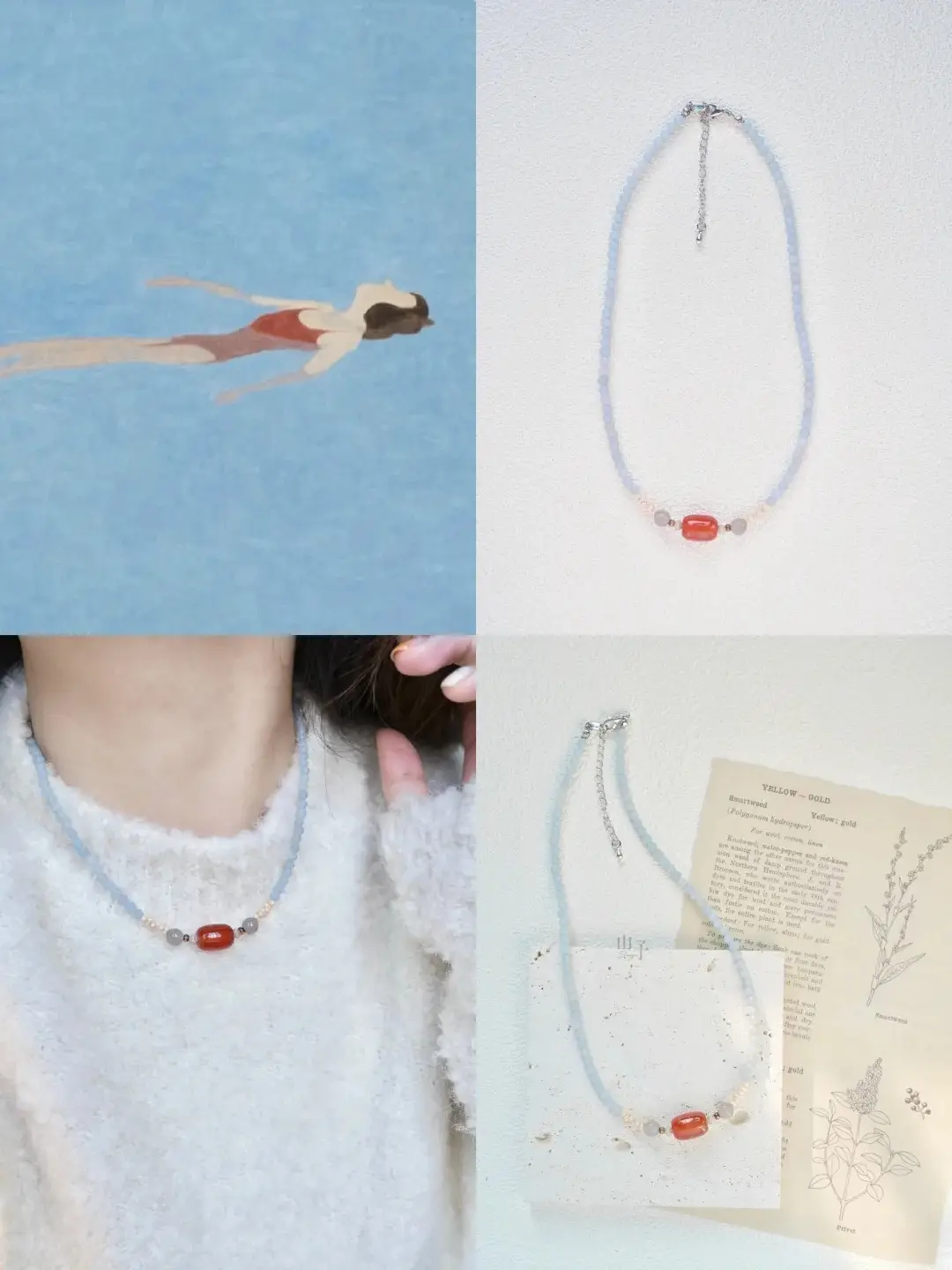 Four-panel collage featuring an illustration of a swimmer and three product views of a blue necklace.