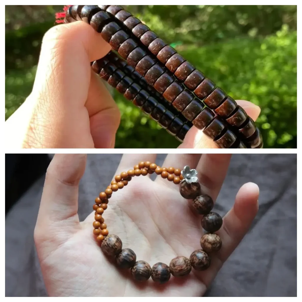 Comparison of coconut shell, seed-end, and coconut wood handmade jewelry beads.