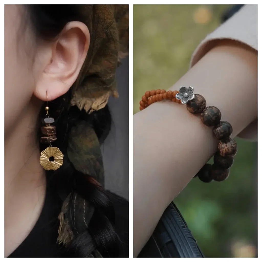 A model wears Jewea handmade beaded bracelet and geometric dangling earrings.