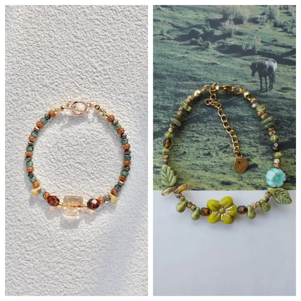 Two vertical images showing Dunhuang Vintage bracelet and Greenwild bracelet with Czech glass beads.