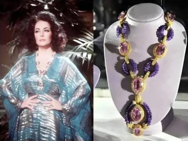 Elizabeth Taylor wearing a Van Cleef & Arpels kunzite and purple bead necklace.