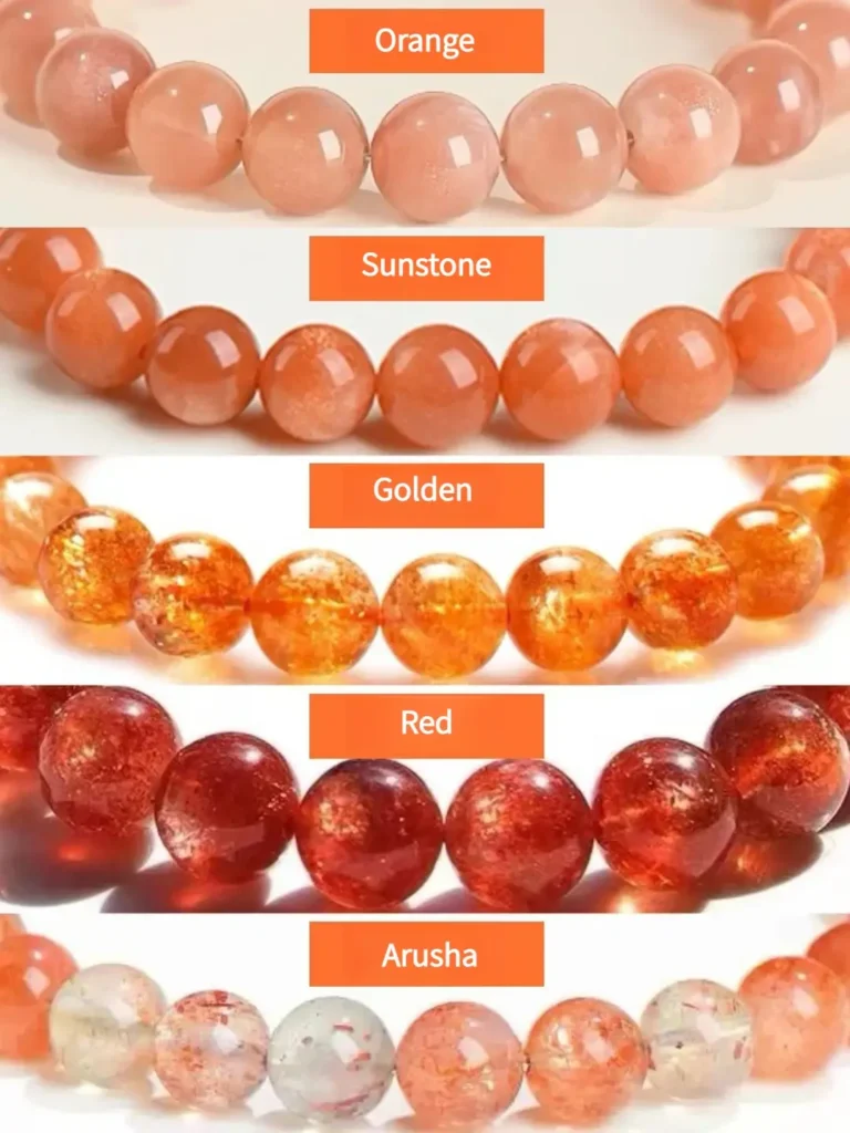 Five horizontal rows of beaded bracelets displaying different color varieties of sunstone.