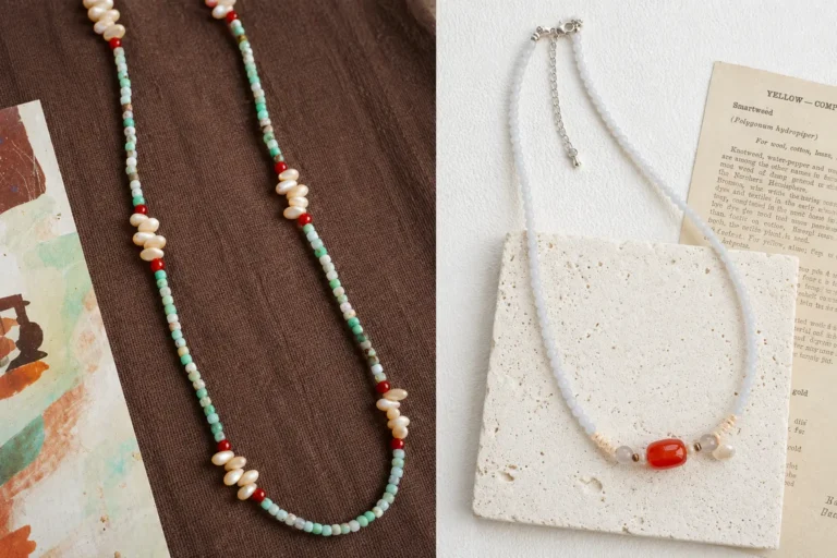 Green chalcedony long necklace and blue chalcedony necklace with carnelian accents side by side.