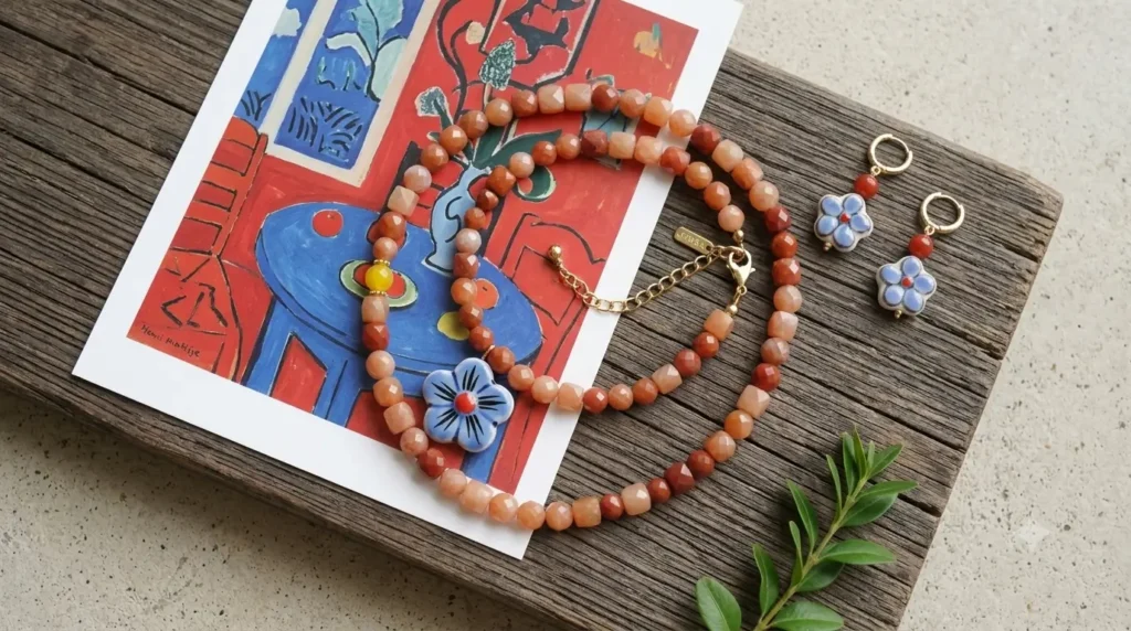 Red aventurine jewelry set with a bead necklace and blue flower earrings on a Matisse art print.