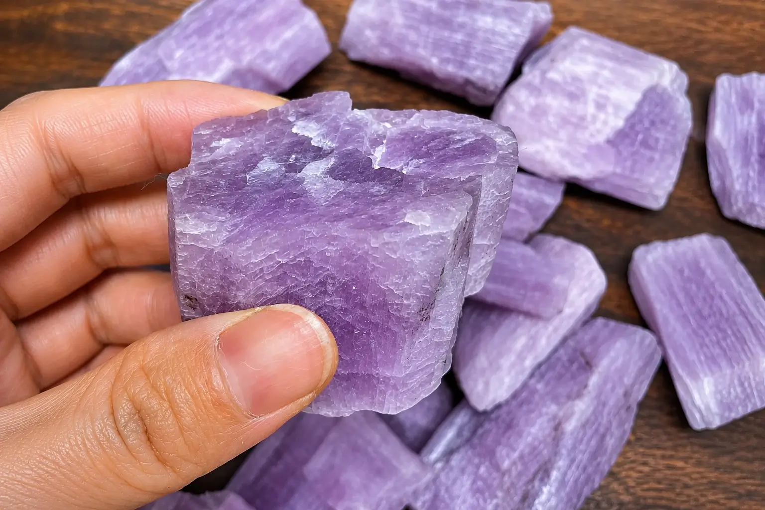 A hand holding a rough purple kunzite crystal over a pile of raw gemstone fragments.