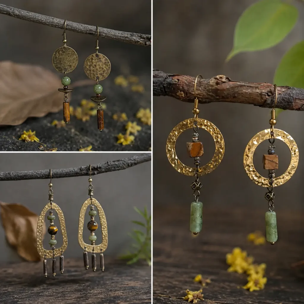 A collage showing three different pairs of handcrafted hammered brass earrings with natural gemstones.